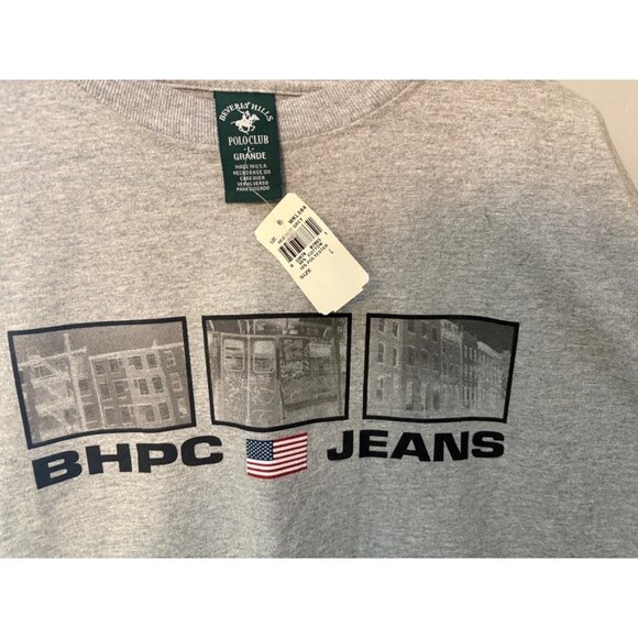 Beverly Hills Polo Club BHPC Jeans Graphic T-Shirt L Gray S/S Crew Neck NWT USA - Picture 1 of 10